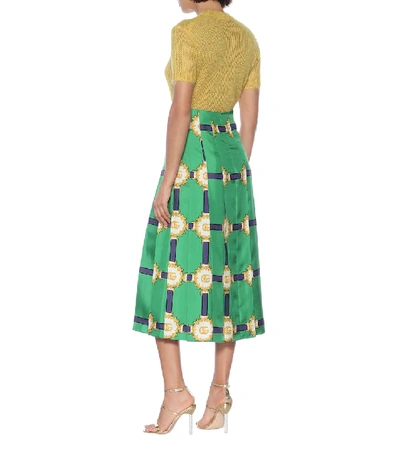 Shop Gucci Printed Silk-twill Midi Skirt In Green