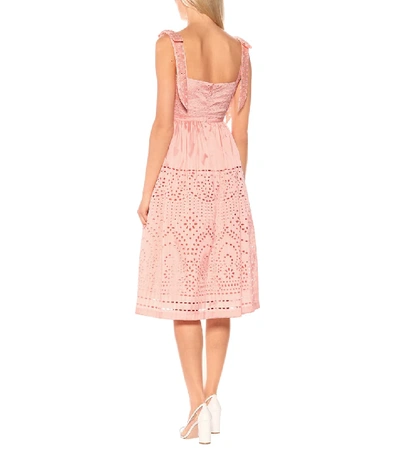 Shop Monique Lhuillier Broderie Anglaise Satin Midi Dress In Pink