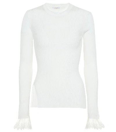 Shop Chloé Organza-trimmed Ribbed-knit Sweater In White