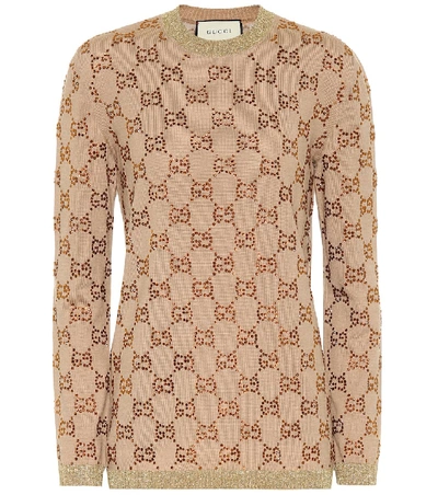 Shop Gucci Gg Embellished Wool Sweater In Beige