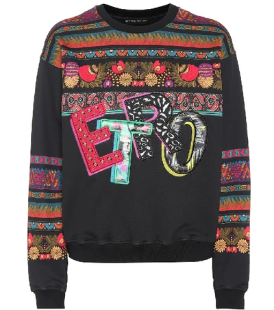 Shop Etro Appliquéd Cotton Sweater In Black