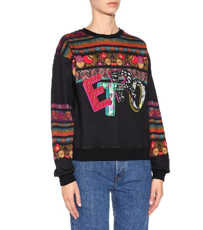 Shop Etro Appliquéd Cotton Sweater In Black