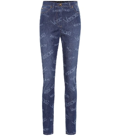 Shop Versace Logo High-rise Skinny Jeans In Blue