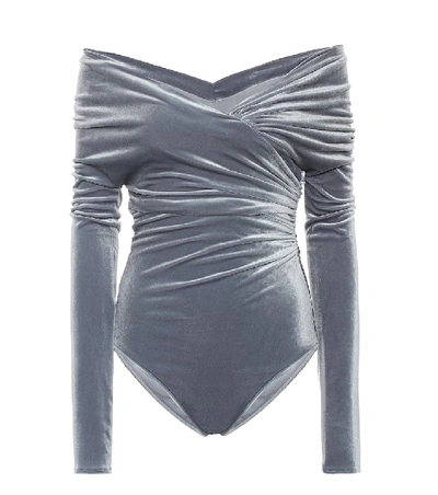 Shop Alexandre Vauthier Off-the-shoulder Velvet Bodysuit In Grey