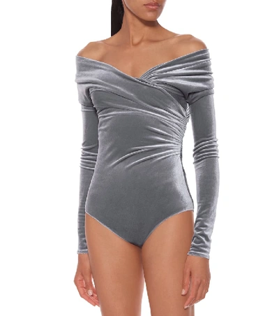 Shop Alexandre Vauthier Off-the-shoulder Velvet Bodysuit In Grey