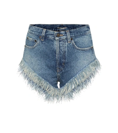 Shop Saint Laurent Feather-trimmed Denim Shorts In Blue