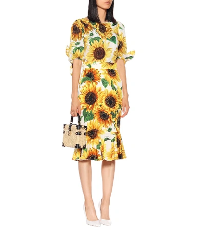 Shop Dolce & Gabbana Sunflower Silk-charmeuse Midi Skirt In Yellow
