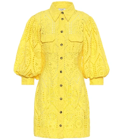 Shop Ganni Cotton Broderie Anglaise Minidress In Yellow