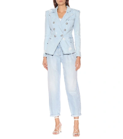 Shop Balmain Denim Blazer In Blue