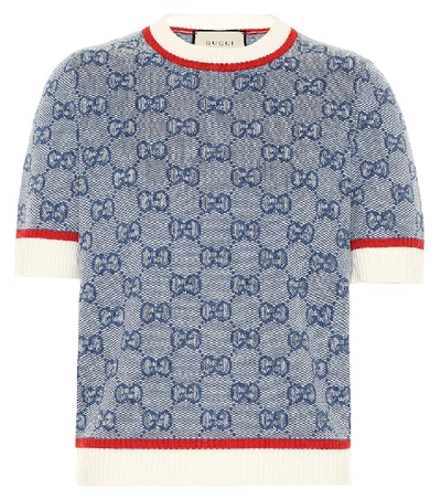 Shop Gucci Gg Knitted Wool And Cotton Top In Blue