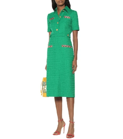 Shop Gucci Tweed Wool Midi Dress In Green