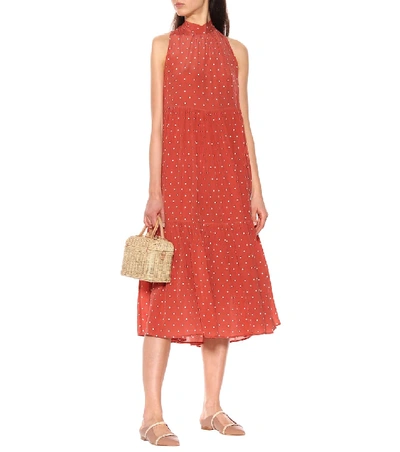 Shop Asceno Dotted Silk Crêpe Midi Dress In Red