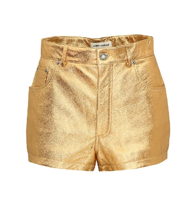 Shop Saint Laurent Metallic Leather Shorts In Gold