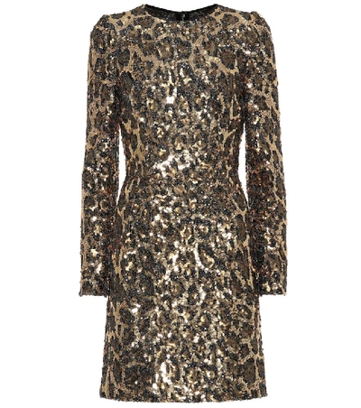 Shop Dolce & Gabbana Sequined Leopard Minidress In Brown