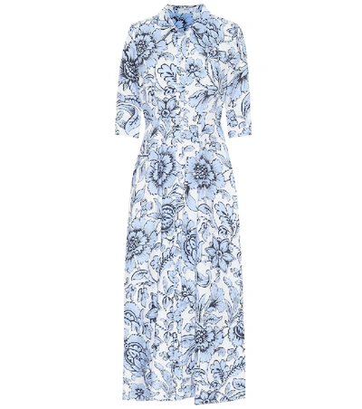 Shop Erdem Kasia Floral Linen Dress In Blue