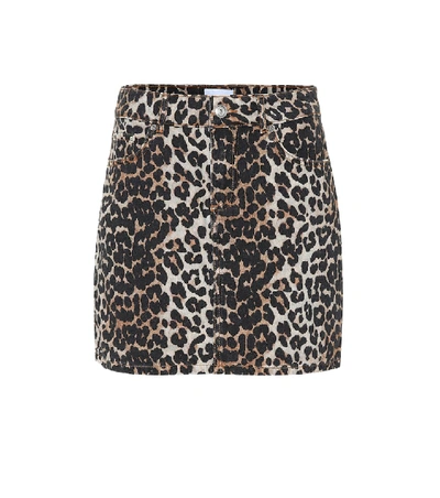 Shop Ganni Leopard-print Denim Miniskirt In Brown