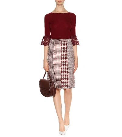 Shop Oscar De La Renta Lace-trimmed Wool Sweater In Red