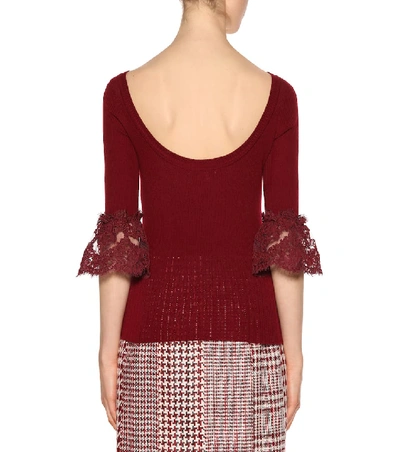 Shop Oscar De La Renta Lace-trimmed Wool Sweater In Red