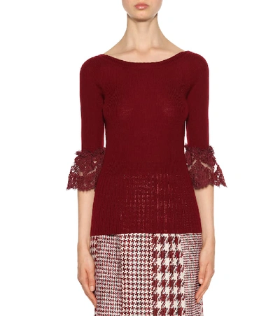 Shop Oscar De La Renta Lace-trimmed Wool Sweater In Red