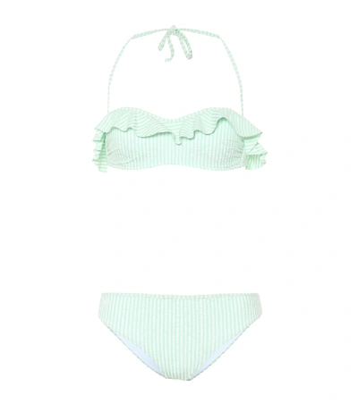 Shop Fendi Stripped Ruffled Bikini Set In Green