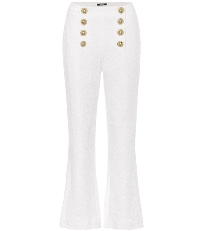 Shop Balmain High-rise Cropped Cotton-blend Pants In White