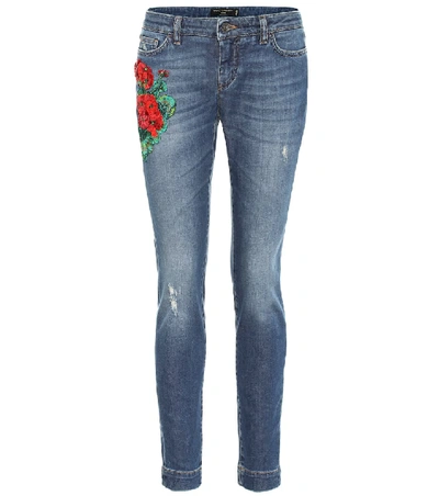 Shop Dolce & Gabbana Embroidered Low-rise Skinny Jeans In Blue