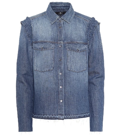 Shop 7 For All Mankind Ruffled Denim Shirt In Blue