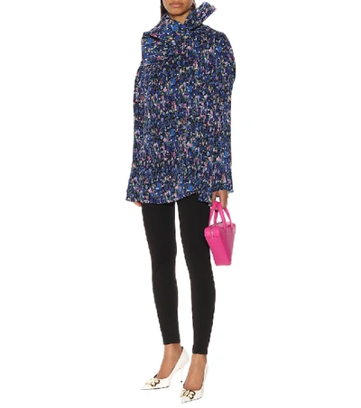 Shop Balenciaga Printed Plissé Blouse In Blue