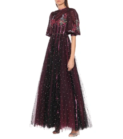 Shop Costarellos Embroidered Tulle Gown In Purple