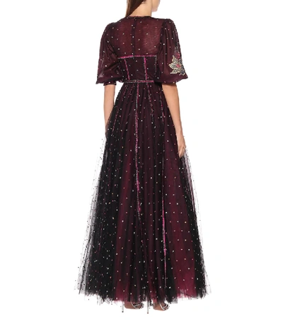 Shop Costarellos Embroidered Tulle Gown In Purple