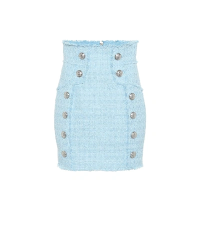 Shop Balmain Cotton-blend Tweed Miniskirt In Blue