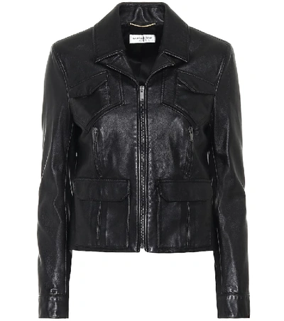 Shop Saint Laurent Cropped Leather Biker Jacket In Black