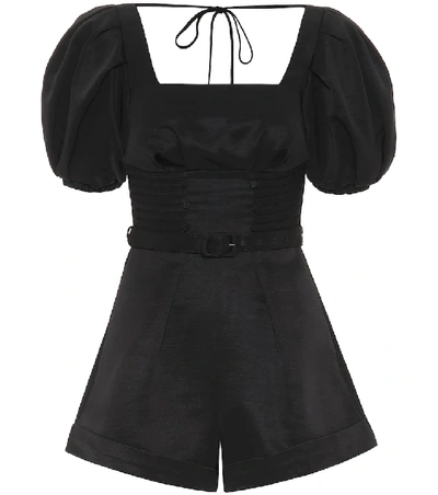 Shop Self-portrait Puff-sleeved Ottoman Playsuit In Black