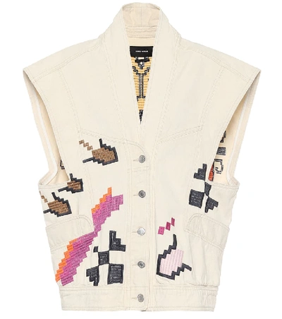 Shop Isabel Marant Erilane Embroidered Denim Jacket In Beige