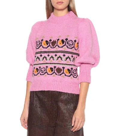 Shop Ganni Wool And Alpaca Jacquard Sweater In Pink