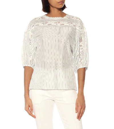 Shop Chloé Lace-trimmed Striped Silk Blouse In Blue
