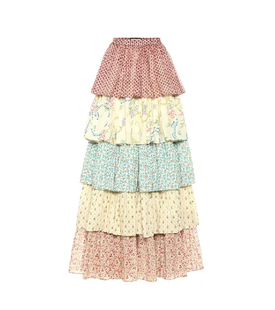 Shop Gucci Tiered Floral Cotton Maxi Skirt In Multicoloured