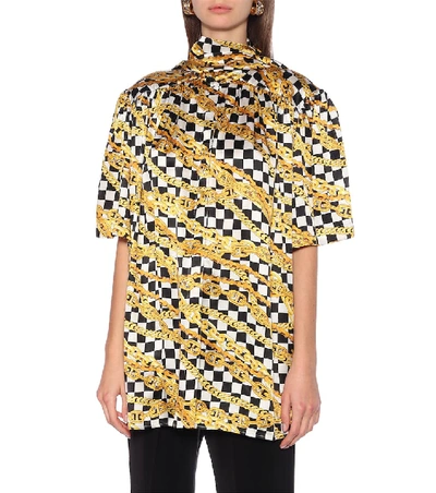 Shop Balenciaga Scarf Printed Silk-satin Shirt In Gold