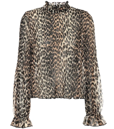 Shop Ganni Leopard-print Georgette Blouse In Beige