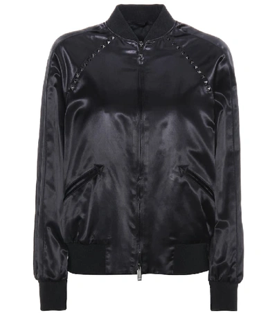 Shop Valentino Rockstud Untitled Satin Varsity Jacket In Black