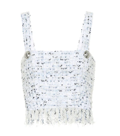 Shop Balmain Boucle Tweed Crop Top In Blue