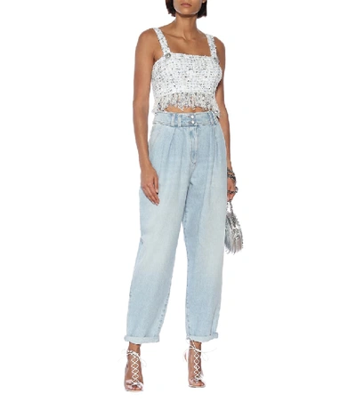 Shop Balmain Boucle Tweed Crop Top In Blue