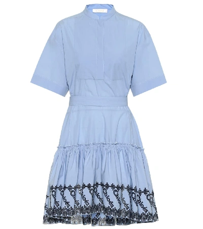Shop Chloé Embroidered Cotton Poplin Dress In Blue