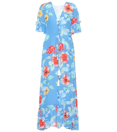 Shop Athena Procopiou Floral-printed Silk Dress In Blue