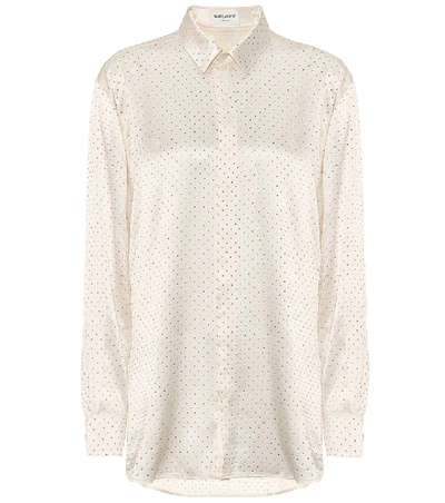 Shop Saint Laurent Embellished Silk Satin Shirt In White