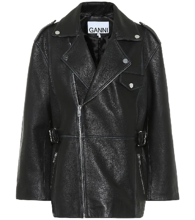 Shop Ganni Leather Biker Jacket In Black