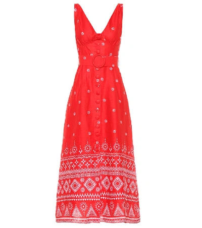 Shop Gül Hürgel Printed Linen Midi Dress In Red