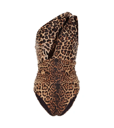 Shop Saint Laurent Leopard-print One-shoulder Swimsuit In Multicoloured