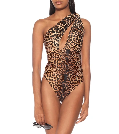 Shop Saint Laurent Leopard-print One-shoulder Swimsuit In Multicoloured
