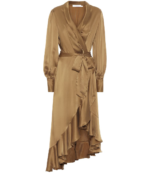 Zimmermann Long Sleeve Silk Satin Wrap Dress In Green | ModeSens